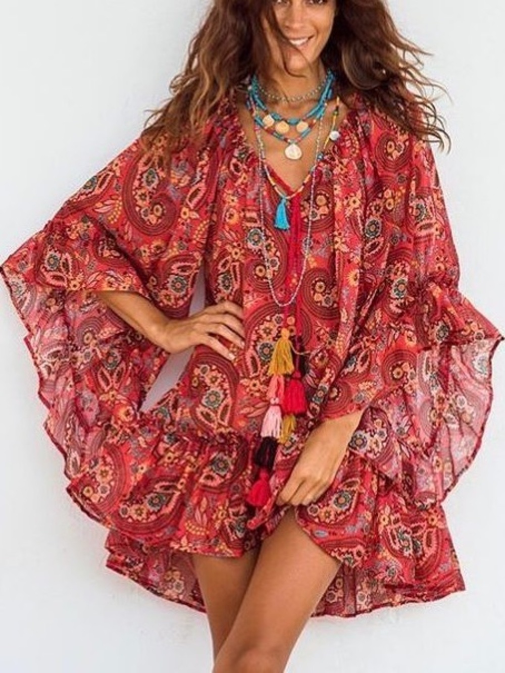 Anjuna Darya Ruffled Printed Cotton Gauze V Neck Kaftan Size XS